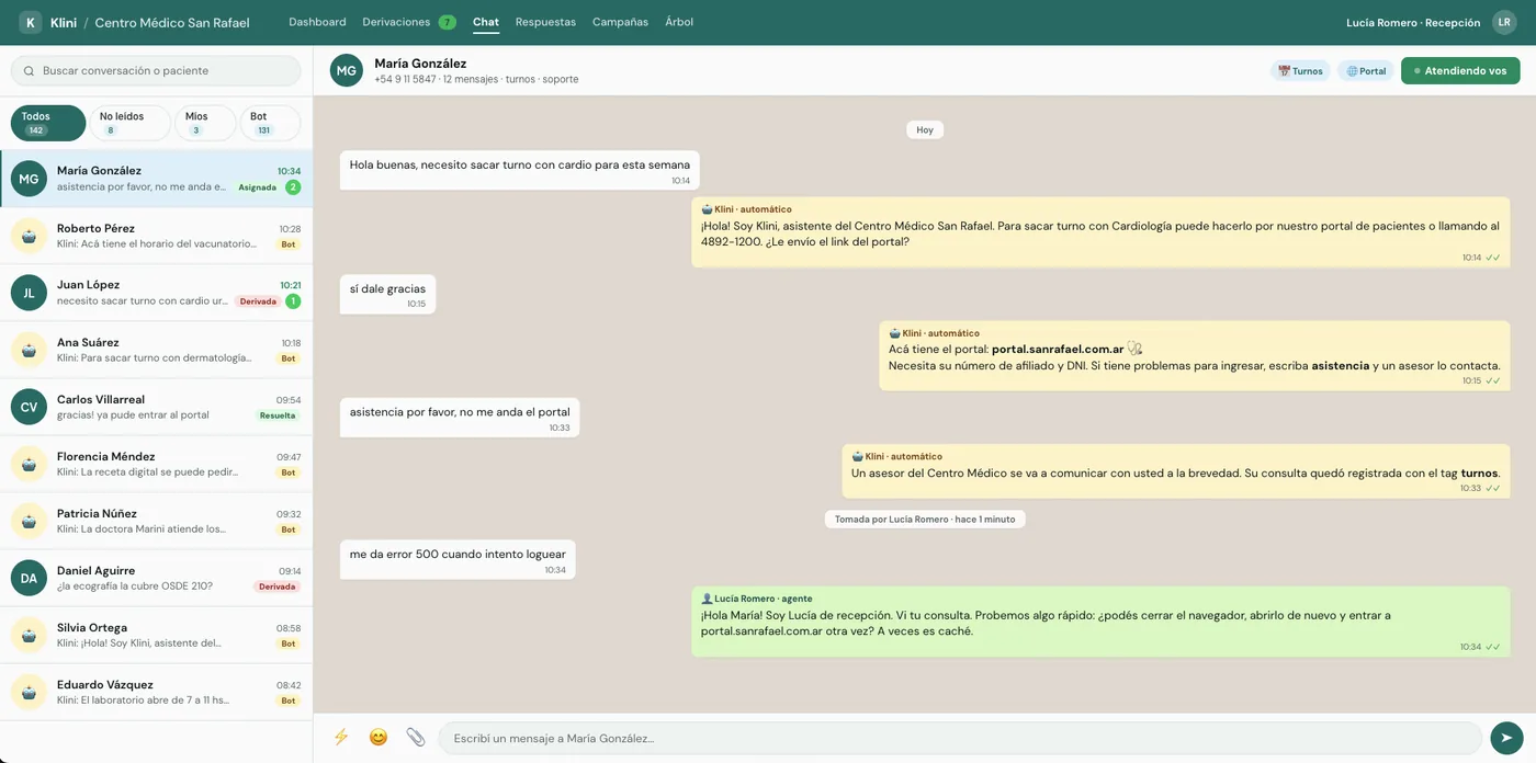 Panel CRM de Klini: bandeja compartida de conversaciones de WhatsApp clasificadas por estado y área